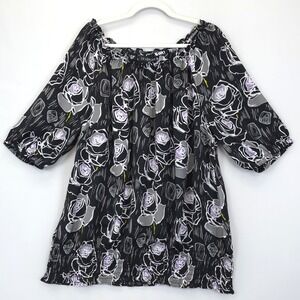 Lane Bryant Blouse Womens 18/20 Black Purple Floral Boat Neck 3/4 Sleeve Sheer